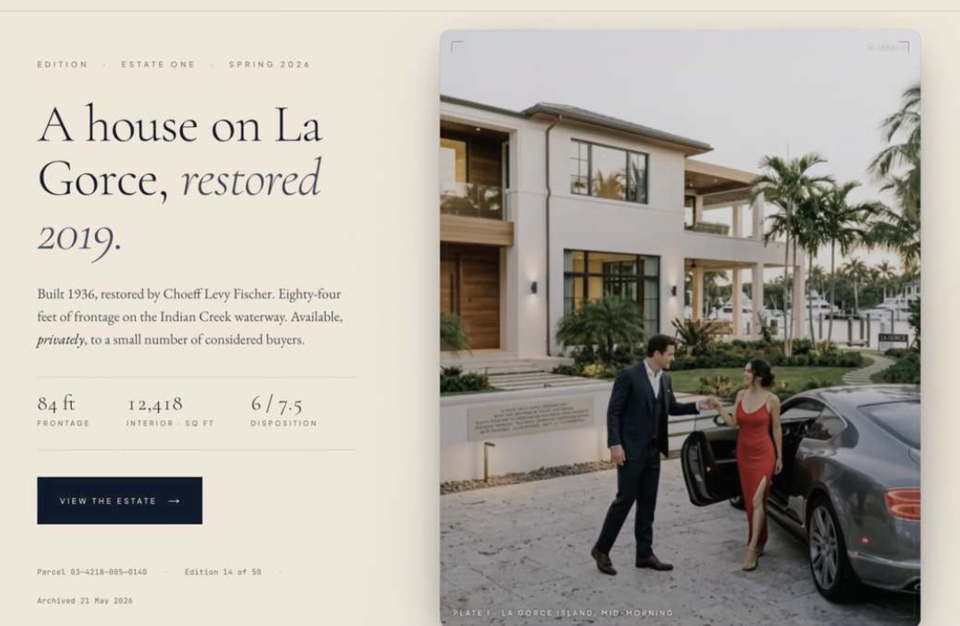 Editorial estate landing page — a house on La Gorce